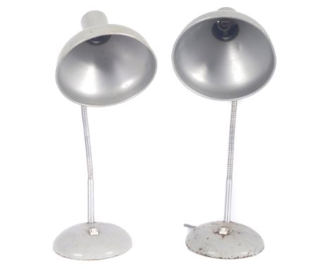 A matching pair of retro 20th Century French table / desk lamp light having grey pendant shades on gooseneck arms and weighte