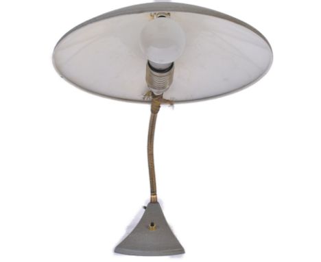 A retro vintage 20th Century work table desk halo lamp light having a UFO type shade raised on adjustable arm over shaped bas