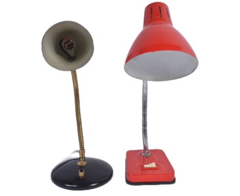 Two retro vintage 20th Century desk lamps light. Both with goose necks and finished in red &amp; black enamel. Sold as untest