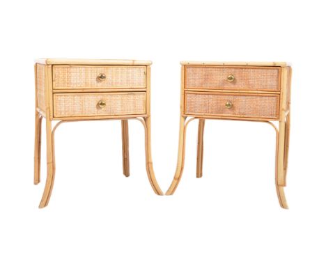 A matching pair of retro vintage mid 20th Century 1970s bamboo &amp; rattan bedside chest / nightstands. Each having two draw