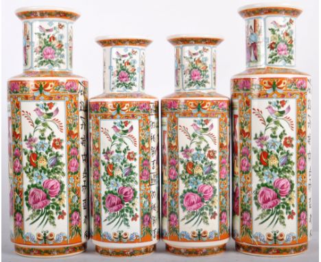 A matching set of four large vintage 20th Century Chinese famille rose decorated bottle vase. each vase with painted scenes a