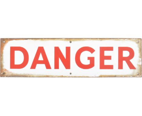 A vintage 20th Century danger porcelain enamel sign having red lettering on white ground. Measures approx; 14cm x 49cm.&nbsp;