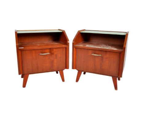 A matching pair of mid Century Italian influence stained birch and teak wood bedsides / nightstands. Each having having glass