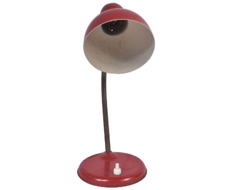 A retro vintage mid 20th Century work desk table lamp light. Red mushroom type pendant shade with bar arm over domed base. Fi