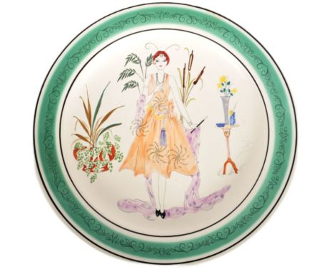Poole Pottery - J Allen - A one off retro mid 20th Century 1960s studio art charger plate depicting an Art Deco lady with flo