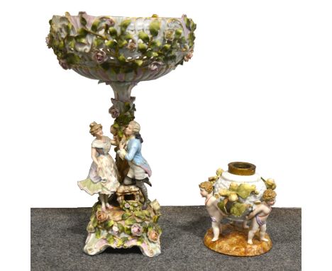 Sitzendorf porcelain ornamental comport, encrusted bowl, the column modelled with two figures, 46cm; and a Sitzendorf lamp ba