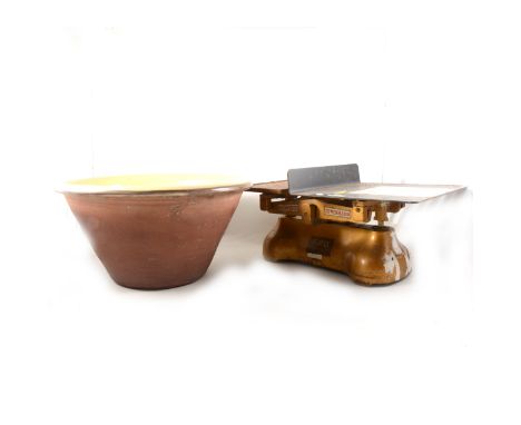 A set of G.P.O. postal scales by W. &amp; T. Avery Ld,48cm, and a ceramic mixing bowl, 42.5cm.