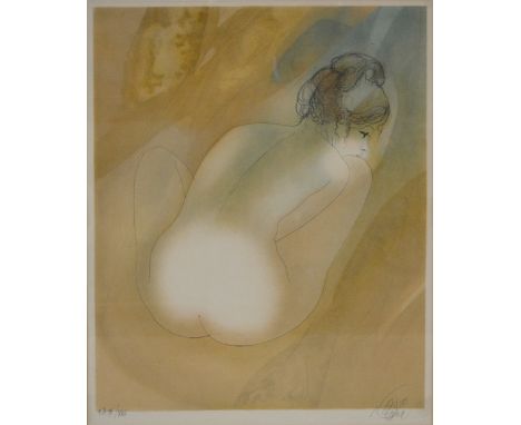 20th century, Study of a female nude, facing right, lithographic print, indistinctly signed and numbered III/XXV, 68 x 52cm.