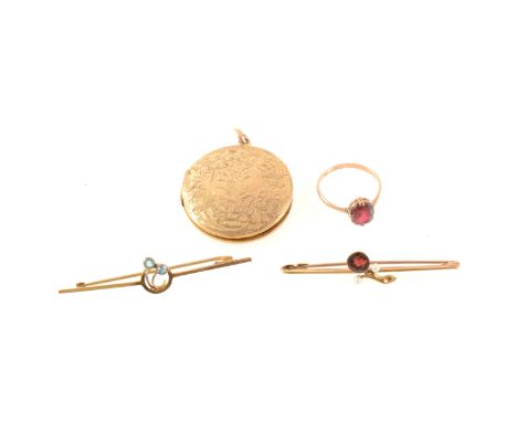 A yellow metal garnet and cultured pearl bar brooch, stamped 15ct, approx. 2.5g, a yellow metal gemset brooch, stamped 9ct, a