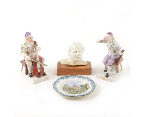 Pearlware bust of a man, in the manner of Enoch Wood, mounted on a wooden plinth, 9cm inc base; a pair of Continental porcela