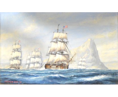 G. W. G. Hunt, RMS., Independence, 74 guns flying the broad pennant of Cdre William Bainbridge, miniature oil on board, signe