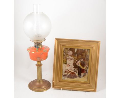 Pedestal oil lamp, early 20th Century, clear chimney, etched glass shade, mottled glass reservoir, fluted column, circular ba