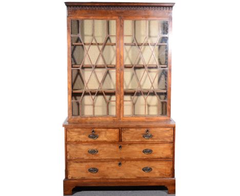 George III mahogany bookcase top, with banding, pendented cornice piece, multi-pane glazed doors enclosing shelves, associate