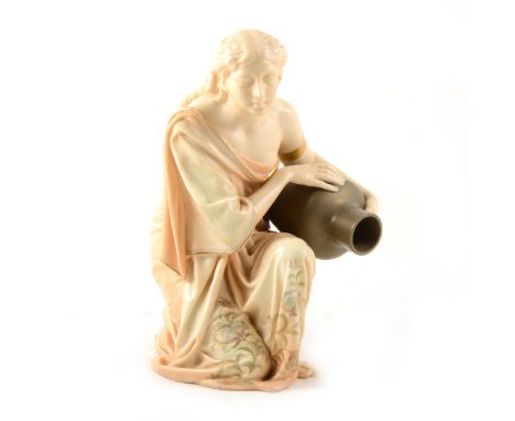 A Royal Worcester kneeling water carrier, classical maiden figure, blush ivory ground, "a6" and puce mark to base, 23cm.