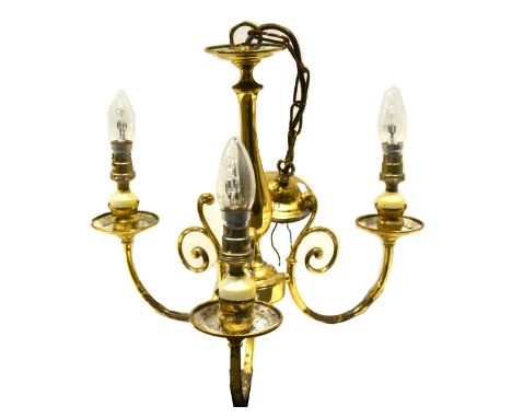 Three lacquered brass three-light ceiling lights, one with moulded glass shades, all AF.