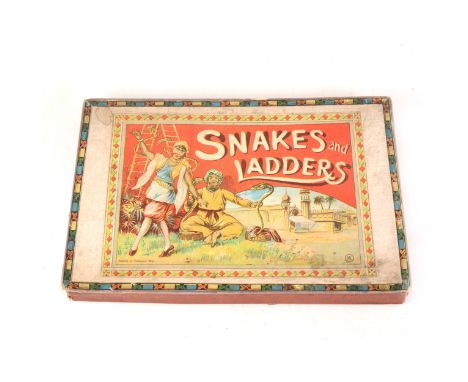 Early Snakes and Ladders Game; 'The Great Indian Snakes and Ladder Games' with illustrated card game board, counters and inst