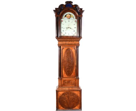 A mahogany and specimen wood longcase clock, arched painted dial signed I. Catterall, Liverpool, subsidiary second dial and m