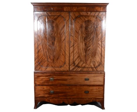George III mahogany linen press, adapted as a wardrobe, banding and stringing, moulded cornice, plain frieze, two panelled do