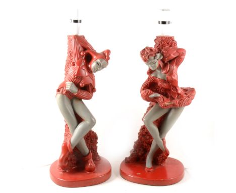 A pair of Reglor of California table lamp bases, in the form of Pierrot and Pierrette, 49.5cm.