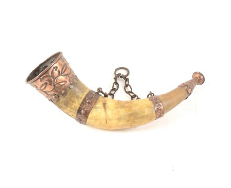 Copper and metal mounted horn bugle, 32cm with hanging chain.