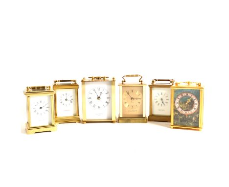 Six assorted brass cased carriage clocks, mid-to-late 20th century, including two retailed by Mappin &amp; Webb, and an Ameri