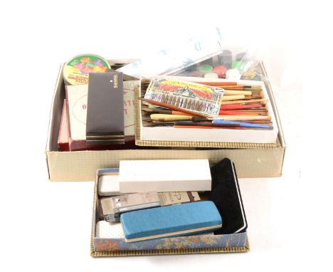 A collection of dip pens, three Dormy office printing outfits, two other wooden numbered sets, Humbrol enamel and other poste