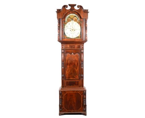 An early 19th-century mahogany longcase clock, indistinctly signed, arched square dial with moon phase, painted spandrels emb