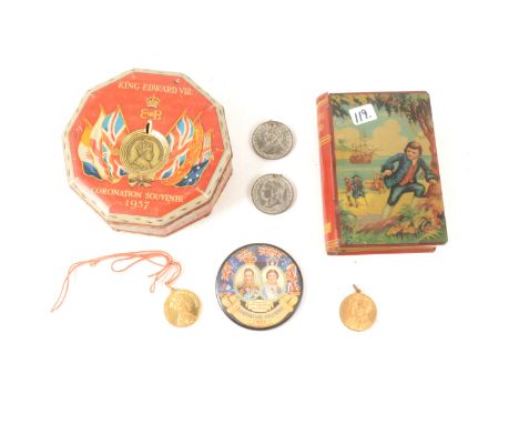 A rare Rowntree Edward VIII Coronation tin complete with detachable medal together with a Chad Valley 'Treasure Island' tin b