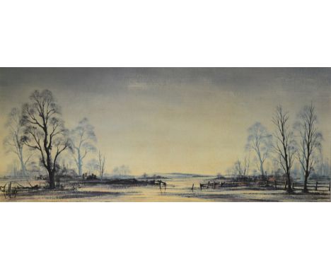 After Folland, Spring Field, print on board, 44cm x 114cm; together with a pair of watercolours by Will E Huthwaite, and anot