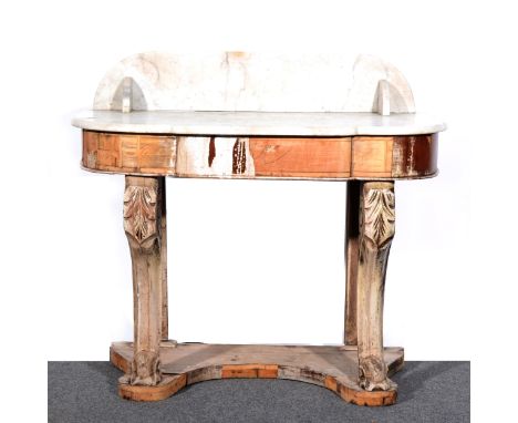A marble-topped console table, as found, the marble with raised back and of breakfront form, supported on a mahogany veneered