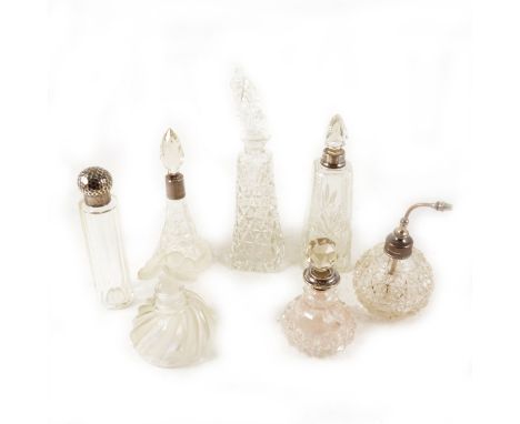 A glass scent bottle with elaborate silver mount by Henry Perkins &amp; Sons, London 1909, 13cm, another with green enamel sc