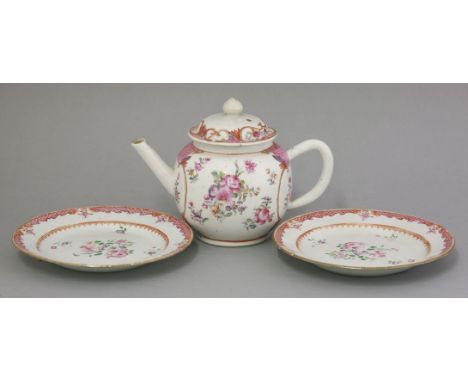 A famille rose teapot and cover, circa 1770, enameled either side with a profusion of flowers and pink cell, cracked, and a p