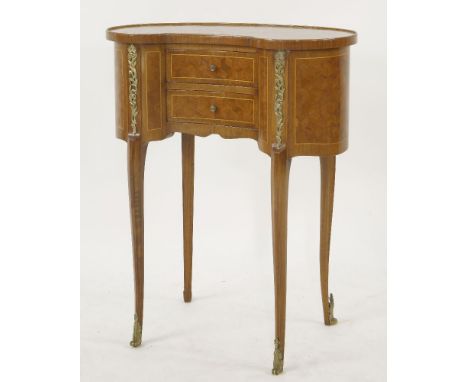 A reproduction French design parquetry lamp table, of kidney shape, with two drawers and gilt metal mounts, 59cm wide