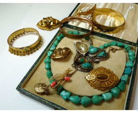 A graduated turquoise matrix bead necklace, an Elat stone necklace, two rolled gold bangles, a gilt metal frill bangle, assor