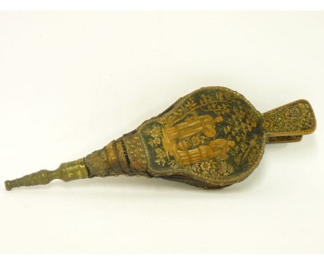A pair of early 19th century penwork bellows, with Oriental figures playing instruments, with a monogram to the handles