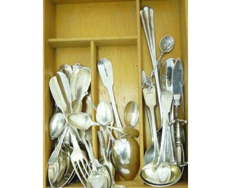 A quantity of silver and silver plated cutlery, including 18th century teaspoons, French flatware, etc, 27oz