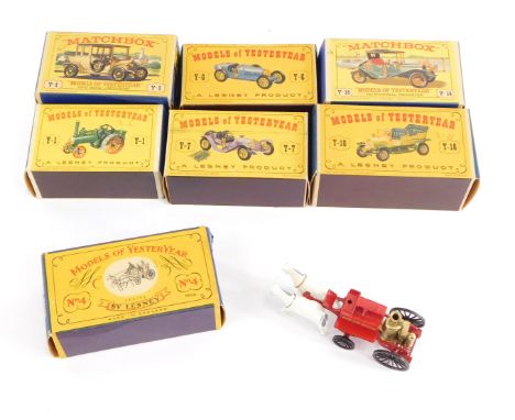 Lesney Models of Yesteryear die cast, comprising Shand Mason horse drawn fire engine (Y4), Mercer 1913 Raceabout Type 35J (Y7