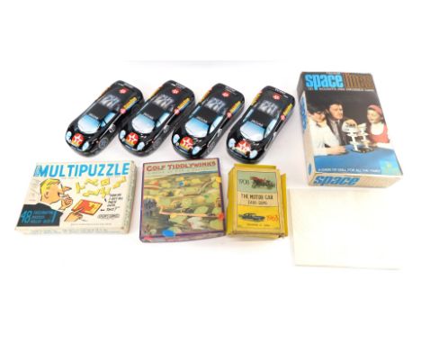 Toys and Games, including Texaco Havoline Energy Jaguar XJ220 tin plate pencil cases, Pack Away Space Lines 3D Noughts and Cr