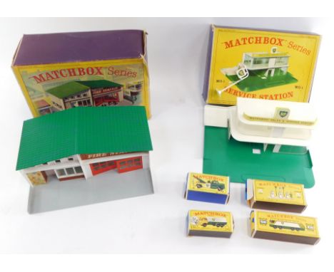 Matchbox by Lesney, comprising MF-1 fire station, MG-1 Matchbox BP service station, BP Dodge truck, number 25 BP tanker, M1 B