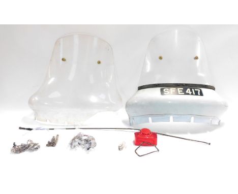 Two Ariel Leader screens, c.1961, and parts, rear light cover and seal, cable, clutch/brake handle bar lever, bulbs, indicato