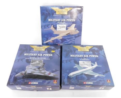 Corgi diecast The Aviation Archive Military Air Power, 1:144 scale, comprising HP Victor K2 Tanker, Avro Vulcan B2 XM607, RAF
