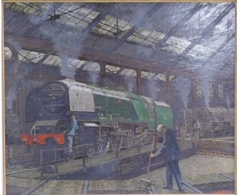 Frank W Johnson (1917-1998). City of Coventry locomotive in engine shed, 4640, signed, oil on board, 49cm x 59cm, framed.