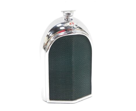 A Ruddspeed Bentley chrome radiator decanter, with green mesh grille and red enamel wings emblem, screw cap, impressed marks,
