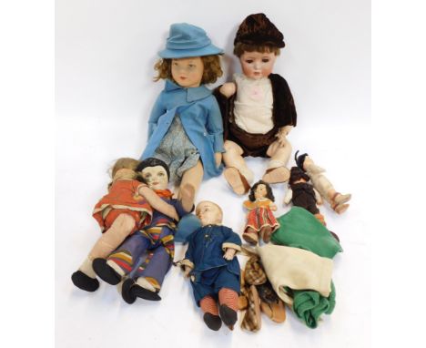 A group of ceramic, felt and other dolls, including a Chad Valley felt doll in a blue dress and hat, two Chad Valley Hygienic