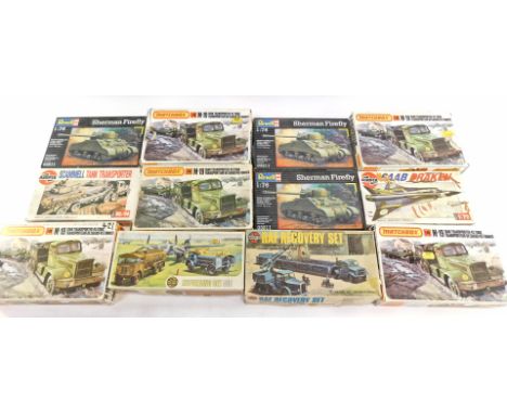 Revell Matchbox and Airfix 1:76 scale model construction kits, including a Revell Sherman Firefly, Matchbox B19 tank transpor