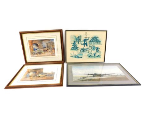 Four automobile and aviation prints, comprising After K W Burton, The AC 1936, 27cm x 34cm, The Royal Signals Motorcycle Disp