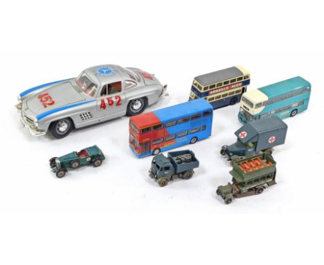 Corgi &amp; Burago diecast vehicles, including a Northern Metro bus, an Olympian ECW, Burago Mercedes 300SL 1954, etc. (1 tra