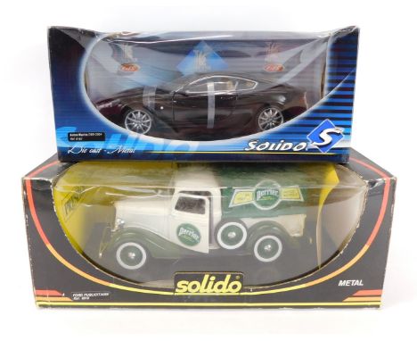 Solido die cast vehicles, 1:18 scale, an Aston Martin DB9 2004, and a Ford V8 1936 Pick-Up Ford Publicitaire ref 8010, in Per