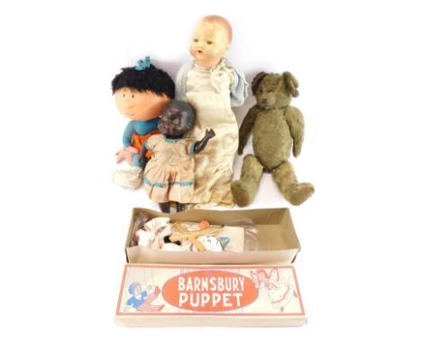 Dolls and soft toys, to include a Cabbage Patch doll, cellulose headed doll, Barnsbury puppet, etc. (1 box)