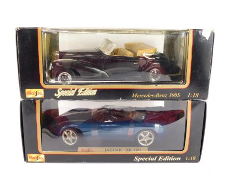 Maisto die cast cars, 1:18 scale, comprising Mercedes Benz 300S and a Jaguar XK180, boxed. (2)